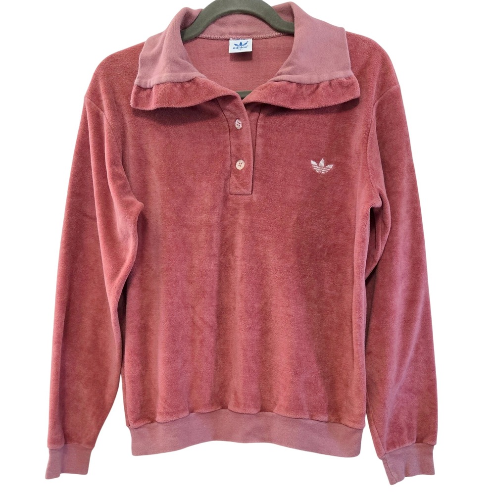 Vintage Adidas Originals Velour Sweatshirt Dusky Pink Trefoil Polo Pullover LG